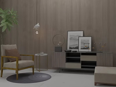 Modern Entryway Interior With Wooden Cabinet Sideboard Decorative Paintings And Hanging Lamp 3d model