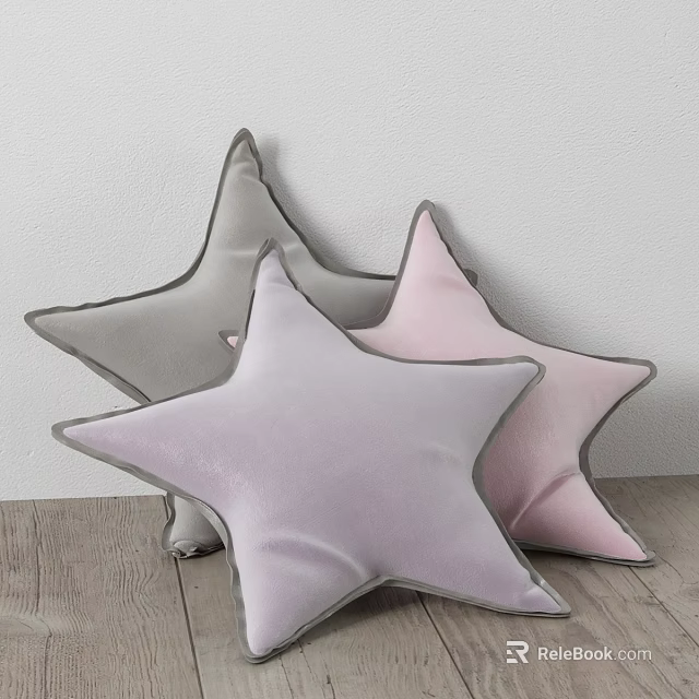 Star Shaped Pillows in Gray Pink and Lavender Tones on Wooden Floor with Light Wall 3d model 