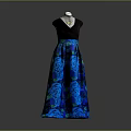 Elegant Women's Dress with Black Top Blue Rose Pattern Skirt and Necklace