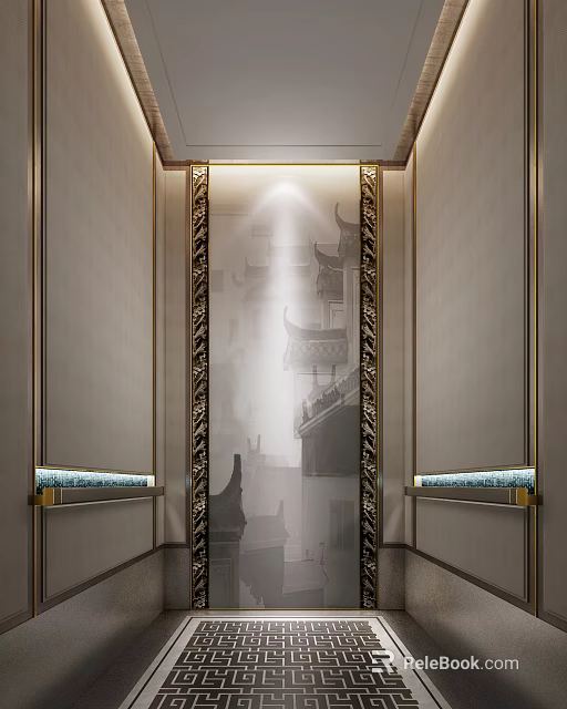 Elegant Luxury Elevator Interior Design With Golden Frames And Ornate Patterns 3d model 