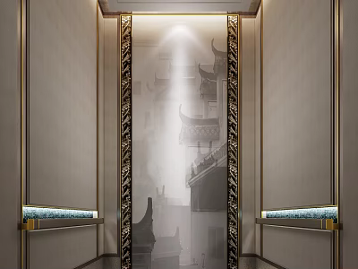 Elegant Luxury Elevator Interior Design With Golden Frames And Ornate Patterns 3d model