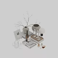 Modern Decorative Ornament Set With Ceramic Vase Branches Wine Bottle Glassware And Tray