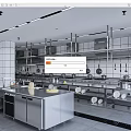 Stainless Steel Commercial Kitchen Setup With Large Workstations Hanging Racks And Kitchen Utensils