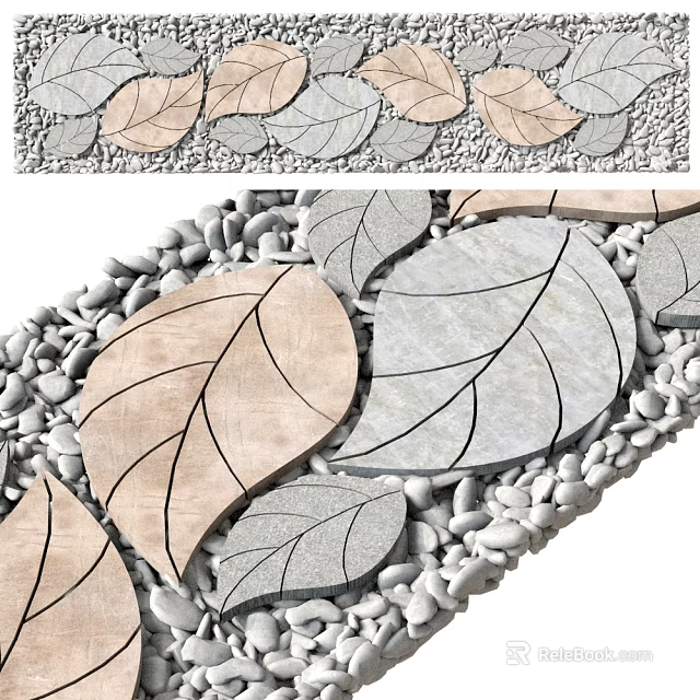 Leaf Shaped Stone and Wood Decor with Natural Pebbles and Textured Design 3d model 