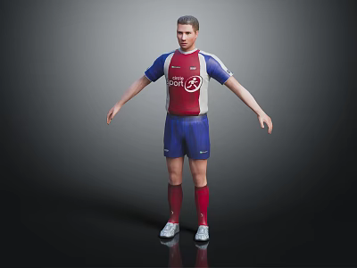 3D Rendered Male Soccer Character In Red Blue Uniform Standing With Arms Outstretched 3d model