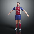 3D Rendered Male Soccer Character In Red Blue Uniform Standing With Arms Outstretched