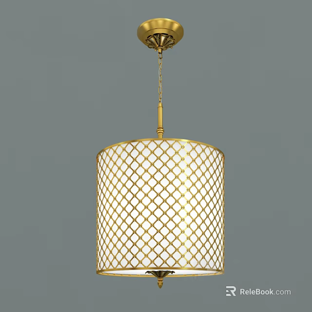 Elegant Gold Pendant Light With White Lampshade And Diamond Lattice Pattern Design 3d model 