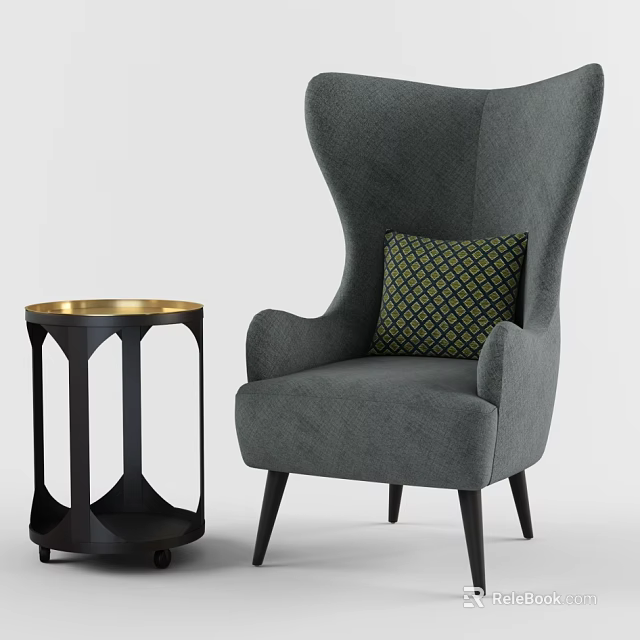 Gray Wingback Armchair with Green Patterned Cushion and Black Metal Side Table 3d model