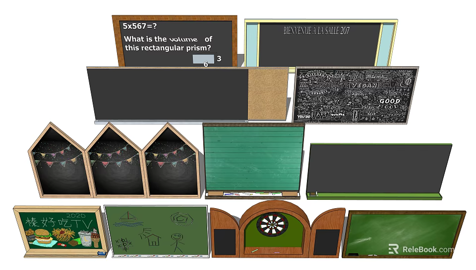 Chalkboard Wall Hangings With Various Shapes Decorative Elements And Educational Designs 3d model 