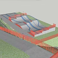 Outdoor Skate Park With Multiple Skate Ramps Red Fencing And Green Lawn Design