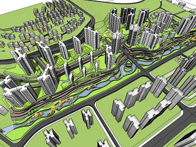 Urban Commercial Street Planning With High Rise Buildings Green Spaces And Water System 3d model