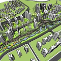 Urban Commercial Street Planning With High Rise Buildings Green Spaces And Water System