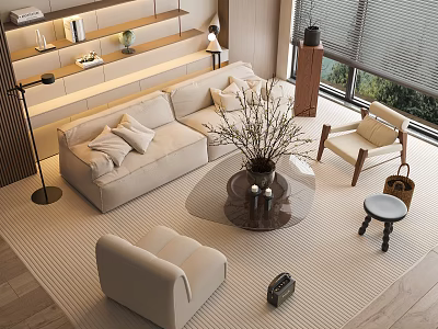 Modern Living Room Interior with Beige Sofa Coffee Table Set Throw Pillows and Armchair 3d model
