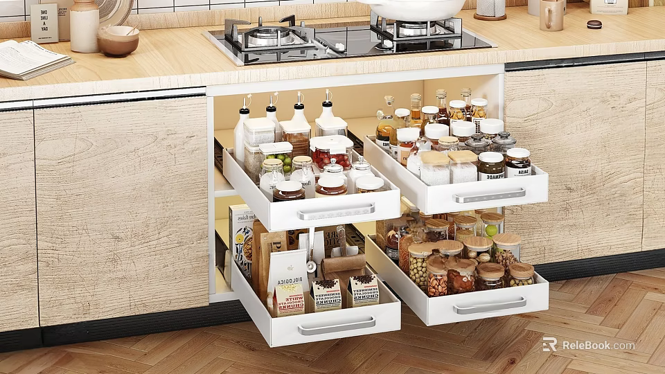 Organized Kitchen Tools And Spice Jars Storage In White Drawers With Light Wooden Cabinets 3d model 