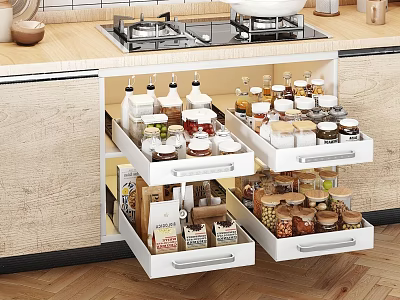 Organized Kitchen Tools And Spice Jars Storage In White Drawers With Light Wooden Cabinets 3d model