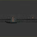 Scenic Gray Wall View With Three Orange Windows Blue Boat and Wooden Dock on Water