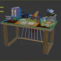 Stylish Wooden Desk With Green Tabletop Books Lamp Radio Teapot And Stationery