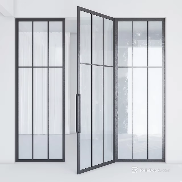 Modern Swing Door with Clear Glass Panels and Sleek Black Frame for Interior Design 3d model 
