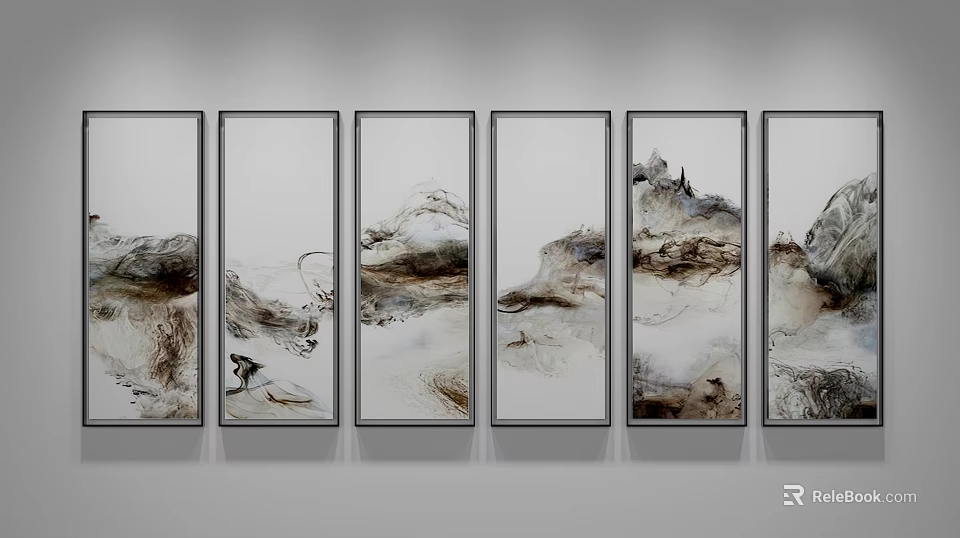 Six Modern Abstract Paintings With Brown White Hues And Flowing Textures For Wall Art 3d model 