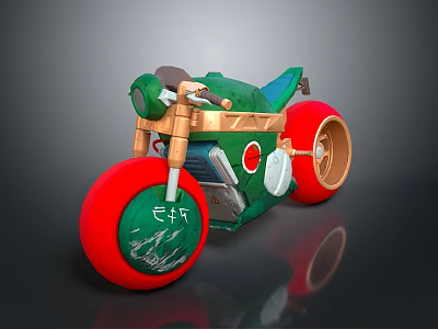 Cartoon Style Toy Motorcycle With Green Body Red Wheels And EAT Text 3d model