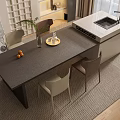 Modern Dining Table Set With Dark Tabletop Beige Brown Chairs Fruit Vase And White Island