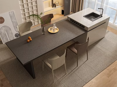 Modern Dining Table Set With Dark Tabletop Beige Brown Chairs Fruit Vase And White Island 3d model