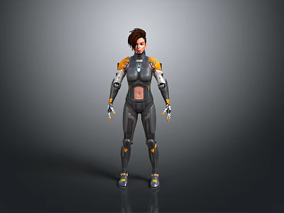 Futuristic Female Character In Advanced Gray And Yellow Armor With Technological Details 3d model