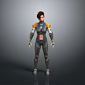 Futuristic Female Character In Advanced Gray And Yellow Armor With Technological Details
