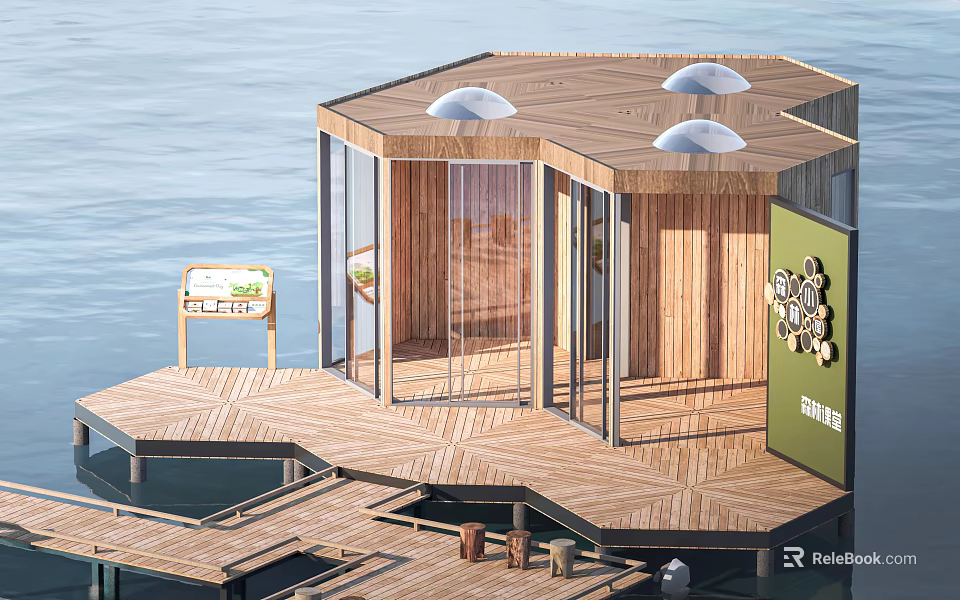 Hexagonal Wooden Waterfront Structure With Glass Walls Domes And Club Sign 3d model 