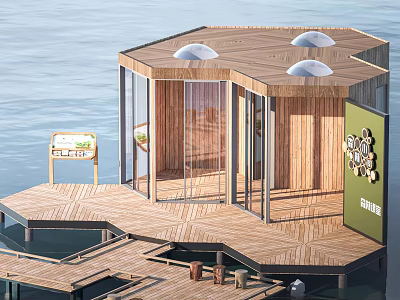 Hexagonal Wooden Waterfront Structure With Glass Walls Domes And Club Sign 3d model