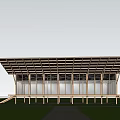 Modern Homestay Building With Wooden Roof Structure And Glass Windows Surrounded By Green Trees