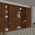 Modern Dark Wooden Storage Cabinet With Multiple Compartments Books Decorative Items And Window