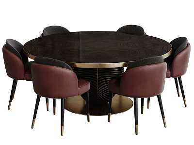 Round Dark Wood Dining Table Set with Brown Chairs Black Legs Gold Trim Base 3d model