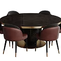 Round Dark Wood Dining Table Set with Brown Chairs Black Legs Gold Trim Base