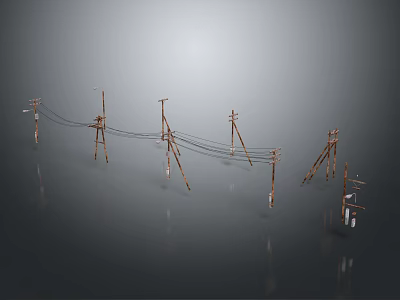 Multiple Metal Utility Poles Arranged in a Row With Gray Background and Reflections 3d model