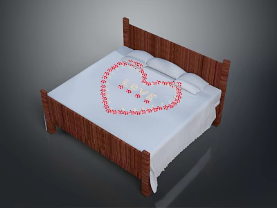 Cozy Bed With Wooden Frame White Bedspread And Red Heart Pattern Design 3d model