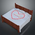 Cozy Bed With Wooden Frame White Bedspread And Red Heart Pattern Design