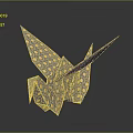 Origami Crane Paper Art With Yellow Circle Patterns On Dark Reflective Surface