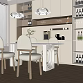 Modern Restaurant Interior With White Dining Table Chairs Wine Cabinet Pendant Lights And Wooden Floor