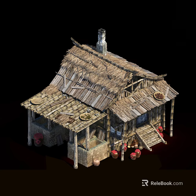 Traditional Wooden House With Thatched Roof Open Porch Steps And Clay Pots 3d model 
