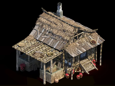 Traditional Wooden House With Thatched Roof Open Porch Steps And Clay Pots 3d model