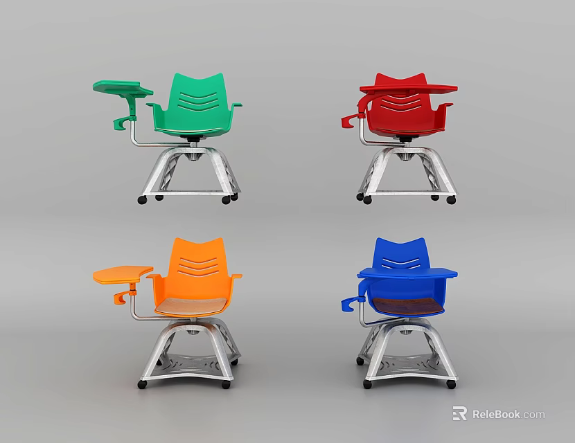 Colorful Single Chair With Attached Small Table In Green Red Orange Blue 3d model 