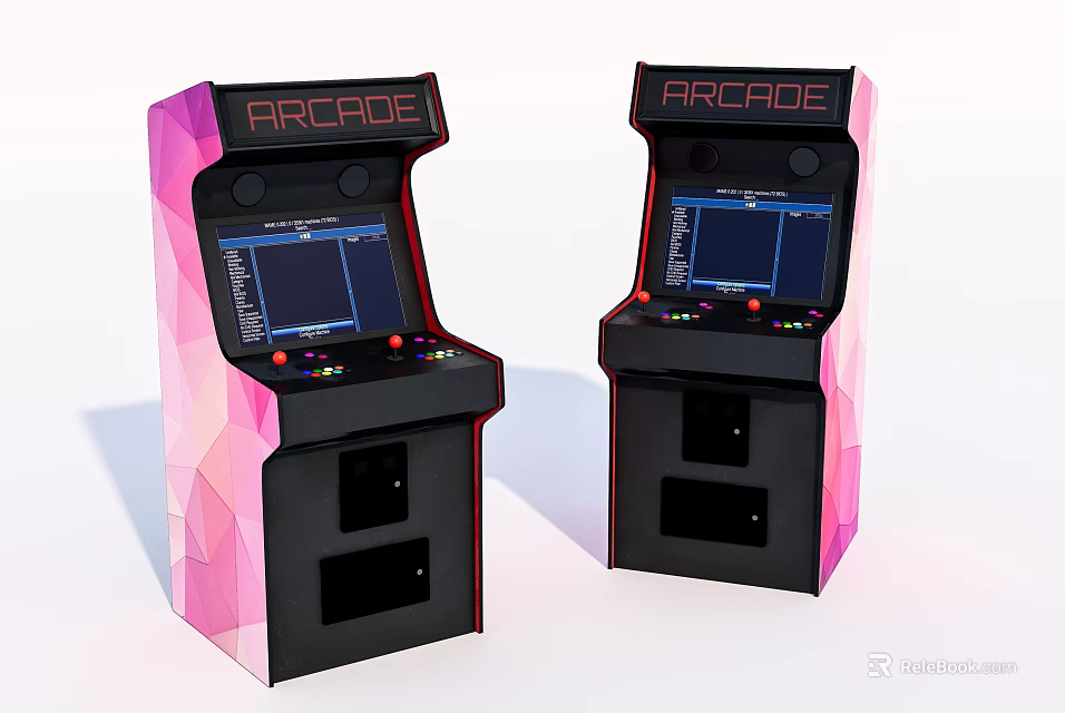 Pink And Black Arcade Machines With Retro Style Screens And Control Buttons 3d model 