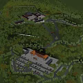 Ancient Architecture Complex Aerial View Surrounded by Lush Trees and Scenic Pathways 3d model