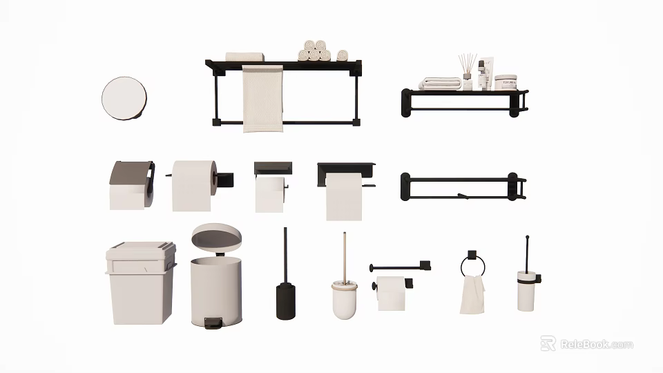 Essential Bathroom Hardware Tools Including Towel Racks Toilet Paper Holders And Trash Bins 3d model 
