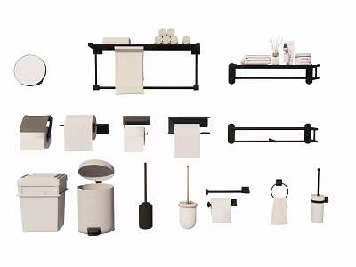 Essential Bathroom Hardware Tools Including Towel Racks Toilet Paper Holders And Trash Bins 3d model