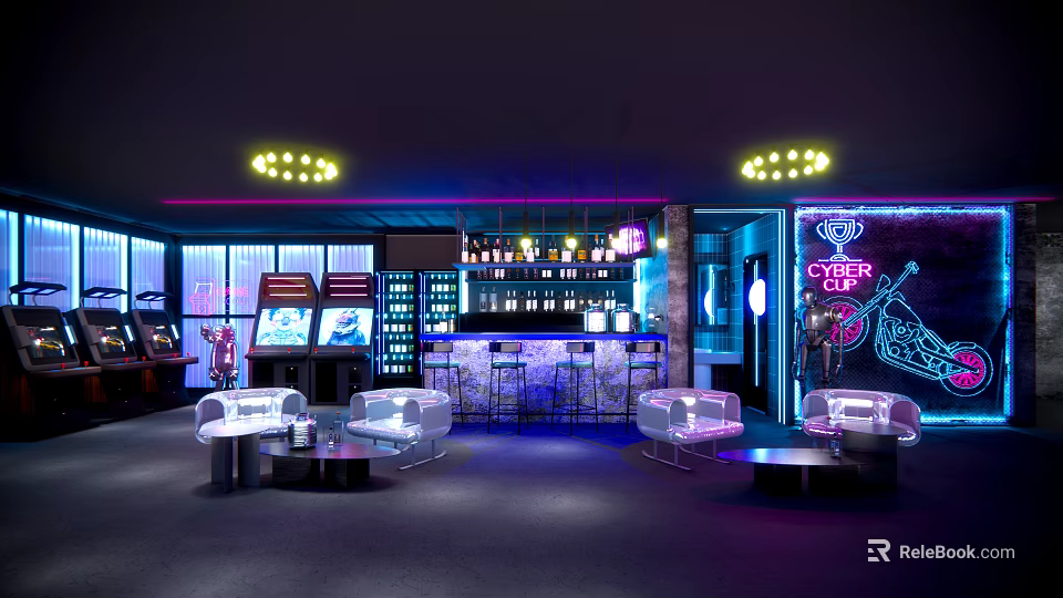 Stylish Neon Bar Interior Design With Arcade Machines Bar Counter And Comfortable Sofas 3d model 