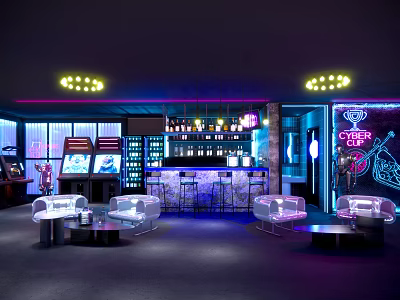 Stylish Neon Bar Interior Design With Arcade Machines Bar Counter And Comfortable Sofas 3d model