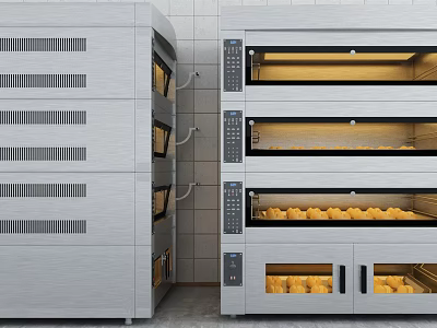 Modern Commercial Kitchen Appliances With Multi Layer Gray Ovens And Glass Doors Containing Baked Goods 3d model