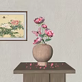 Elegant Decorative Ornament Set With Pink Roses Butterflies Petals On Wooden Table And Wall Painting